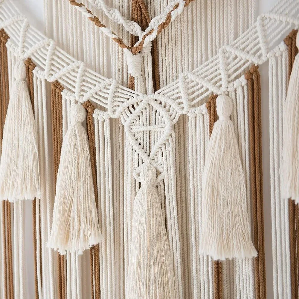 Boho Macrame Woven Brown Handmade Mid Century Modern Hanging Tassel Wall Decor
